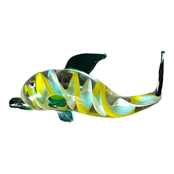 Art Glass Dolphin Paperweight Figurine green/yellow Swirl Stripe Hand Blown - Picture 4 of 7